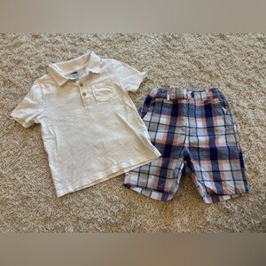 Boys 5T Outfit - Cream Polo and Plaid Shorts Set